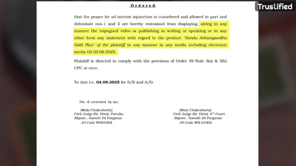 Zandu Ashwagandha Gold Plus court order showing the 2025 publication restriction