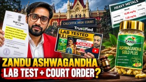 Zandu Ashwagandha Gold Plus Lab Test and 2026 Court Order featuring the product, Trustified test report, and Calcutta High Court